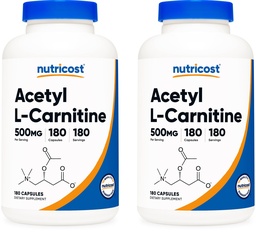 Nutricost Acetyl L-Carnitine (ALCAR) 500mg, 180 Capsules, 180 Servings - Non-GMO and Gluten Free, 1 Capsule per Serving (Pack of 2)