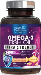 Omega 3 Fish Oil 2400 mg - Triple Strength Omega3, EPA & DHA Acids Supplement - Natural Support for Immune, Heart & Brain Health - Wild Caught, Non-GMO, Lemon Flavor, Burless - 120 Softgels