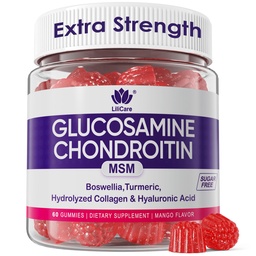 Glukozamina Gummie Chondroitin, Glukozamina wolna od cukru Suplement Chondroitin SM, Dodatkowa siła z Boswellia Turmeric, Zhydrolizowane Kolagen & Kwas hialuronowy, Zdrowie kości dla mężczyzn i kobiet, 60 Cts