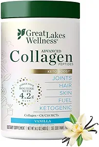 Great Lakes Wellness Keto Boost Advanced Collagen Peptydes Powder z 4,2 g MCTs - Vanilla Flavored - Dietetyczny bogaty bezmleczny krem do kawy lub Smoothie Alt - Non-GMO, Kosher - 14.1 oz