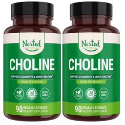 Nested Naturals Choline Bitartrate 500mg - Wysoka potencja suplementy choliny - Wspiera macierzyństwo i zdrowie płodu w czasie ciąży * - 100% Vegan & Non-GMO - 2- Pack (180 Vegan kapsułki)