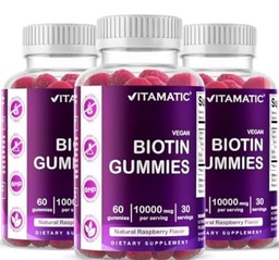 Witamatyczne Gummeje Biotin 10,000 µg dla silniejszych włosów, skóry i paznokci - 60 Wegańskie Gummeje - również nazywane Witamina B7 (3 Butelki)