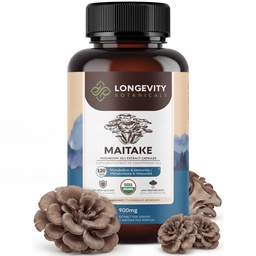 Longevity Botanicals Organic Maitake Mushroom Extract Kapsułki (120) Xi124; koncentrat 10: 1 Stosunek do 124; 100% ciał owocowych Bilans 124; Grifola frondosa Natural Supplement for Gut Health & Immunity Support
