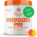 Genius Energized Pre Workout Powder - Kofeina Infused Pre- Workout Booster Suplement z Beta Alanine & Alpha GPC, Brak sztucznych słodzików lub barwników - 200mg Kofeina, 20 Słupki, Sour Peach Pierścienie