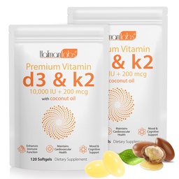 2 Torba Witamina D3 K2 Suplement Softgel, Witamina D3 K2 Softgel z 10000 j.m. Wspiera immunologiczne, serce, Zęby i zdrowie kości, wolne od GMO, Gluten, Soy