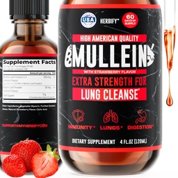 HERBIFY Mullein Drops - Lung Cleanse - Ekstrakt Leaf - Potężny Mullein do wsparcia immunologicznego, Detox & Wsparcie układu oddechowego - Made in USA - 4 Oz Strawberry Flavor