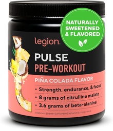 Legion Pulse pre Workout - All Natural Nitric Oxide Precuting Drink to Boost Energy, Creatine Free, Naturally Sweetened, Beta Alanine, Citruline, Alpha GPC (Pina Colada)