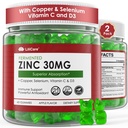 Gummie cynku + Miedź, Selen, Witamina C & D3, Fermentowane suplementy cynku dla kobiet i mężczyzn z Elderberry do codziennego wsparcia immunologicznego, Potężny przeciwutleniacz, Wysoka absorpcja, Wegan, Cukier wolny, 2 Pack