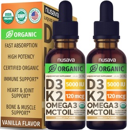 (2 opakowania) Organiczna witamina D3 K2 Krople z MCT Omega 3, 5000 IU - Maksymalna moc Witamina D Płyn, Nie Napełniacze, NieGMO Płyn D3 do szybszego wchłaniania i wsparcia immunologicznego (Vanilla, 1 Fl OZ x 2)