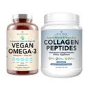 Healthy Skin & Joints Bundle - Premium Vegan Omega-3 (120 Kapsułki) od morskich Algae + Grass- Fed Collagen Peptides Proszek (1kg - 100 Sług) Non-GMO. Promienna skóra, łączniki, kości i wdzięku starzenia