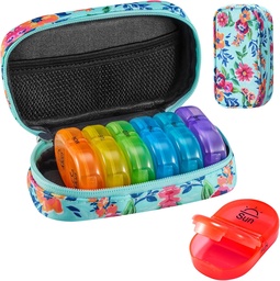 Serfeymi Cotygodniowy Travel Pill Organizator 2 razy w ciągu dnia PM Zmodernizowany Rainbow Pill Box 7 Dzień z Portable Zipper Canvas Pill Case, Medicine Organizer for Pills, Witaminy, Oleje rybne - Zielony 01