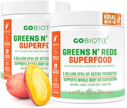 GOBIOTIX Super Zielone i czerwone w proszku - Czerwone i zielone Superfood - Suplement Probiotyczny - Enzymy trawienne i Buraka w proszku - Organic Whole Foods Dietetyczny suplement (Mango, 2 Pack)