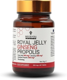 Bee and You Royal Jelly with Ginseng Tablet, Ekstrakt Propolis, 60ct, 100% Natural Superfood, Ultra Pure, Suplement immunologiczny, Przeciwutleniacze, Keto, Paleo, Gluten- Free