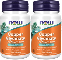 Teraz suplementy, Glicynian miedzi z 3 mg Albion Copper, Promotes Structural Health *, 120 Tabletki, Light Gray, Tan (Opakowanie 2)