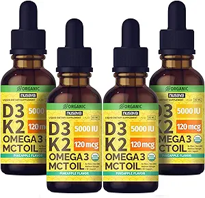 (4 opakowania) Organiczna witamina D3 K2 Krople z MCT Omega 3, Maksymalna moc Witamina D Płyn 5000 IU, Nie Wypełniacze, NieGMO Płyn D3 dla szybszego wchłaniania i wsparcia immunologicznego (Ananas, 4 Fl Oz)