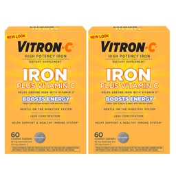Vitron- C Żelaza Suplement, Raz dziennie, Wysoka moc Żelaza Plus Witamina C, Wsparcie produkcji czerwonych krwinek, Darmowe barwniki tabletki, 60 Hrabia, 2 opakowania