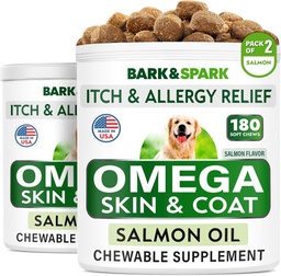 BARK & SPARK Omega 3 dla psów - 360 Fish Oil Treats for Dog Shedding, Alergia skóry, Itch Relief, Hot Spots Treatment - Joint Health - Skin and Coat Supplement - EPA & DHA Fatty Acids - Salmon Oil