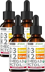 (4 Pack) Organic Witamina D3 K2 Krople z MCT Omega 3, 5000 j.m. - Maksymalna moc Witamina D Płyn, Nie Napełniacze, NieGMO Płyn D3 do szybszego wchłaniania i wsparcia immunologicznego (Truskawka, 4 Fl Oz)