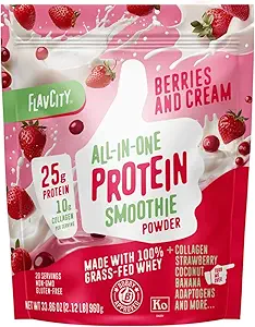 FlavCity Grass Fed Protein z serwatki w proszku - Jagody i śmietanka - 25g Protein & 10g Collagen - Made with Organic Truskawki & Mleko kokosowe - gluten Free & No Added Cugars (20 Servings)