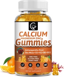 1200mg Gummeje wapnia z witaminą D3, K2, B12 i B6 - Kompleks roślin suplement magnezu wapnia z glicynianem, potas, mech morski, korzeń Ashwagandha dla kości i zębów, mięśnie i odporność
