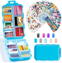 14 Grids Travel Pill Organizer Box z 415- Pcs Medicine Name Etykiety - Pocket Daily Pharmacy Case Case Kit - Travel Medication Holder Dispenser for Fish Oil Supplement Storage - Niebieski