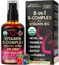 USDA organiczna witamina B- Complex Liquid Spray 8- in-1 - B5 Kwas pantotenowy 124; B12 Metylkobalamina 124; B1 Tiamina 124; B6 Pirydoksyna DwU4; B7 Biotin DwU4; B9 Kwas foliowy 124; B3 Niacynamid - Made in USA Supplement, 2fl oz