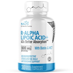 Nutri R Alpha Lipoic Acid 600mg Kapsułki - R Kwas lipoinowy Ustabilizowany biotyną - Aktywna postać R- ALA - 600 mg Dawkowanie kliniczne - Potężne wsparcie energii komórkowej - 30 Kapsułek wegańskich - RALA