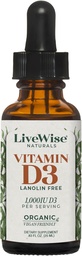 LiveWise Naturals Organic Witamina D3 płynne krople, Wegan, Non-GMO, Plant- based, 200 IU na kroplę, Wspiera immunologiczne, kości, i Mood Health, Easy- to- Absorb, w MCT Oil 1000 IU