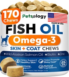 Omega 3 Fish Oil for Dogs - 170 Chews - Omega 3 for Dogs Itchy Skin & Alergy Relief - Skin & Coat Supplement - EPA & DHA Fatty Acids - Dog Anti Shedding & Hot Spot Treatment - Salmon Oil