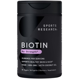 Sport Research ® Biotin 10,000mcg z organicznym olejem kokosowym - Biotyna (Witamina B7) dla zdrowej skóry i wsparcia włosów * - dla kobiet i mężczyzn - Wegan, Non-GMO, Gluten & Soy- Free - 30 Veggie Softgels
