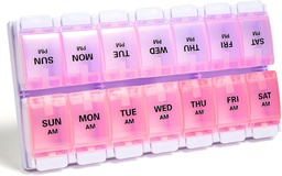 Sukuos AM PM Cotygodniowy Pill Organizator 7 dzień, 2 razy dziennie Medicine Pill Box z Easy Push Przycisk, BPA darmowe opakowania witaminy dla oleju rybnego / suplementy, Łatwy do czyszczenia (fioletowy i różowy)