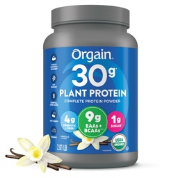 Orgain Organic 30g Vegan Plant Protein Powder, Vanilla, 9g EAA + BCAA, High Plant Protein, 4g Prebiotic + Fiber, 1g Sugar, Pre- Workout, Support Muscle + Recovery - 2.01lb (Packaging May Vary)