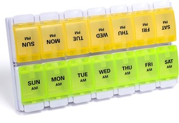 Sukuos AM PM Cotygodniowy Pill Organizator 7 dzień, 2 razy dziennie Medicine Pill Box z Easy Push Przycisk, BPA darmowe opakowania witaminy dla oleju rybnego / suplementy, Łatwy do czyszczenia (żółty i zielony)