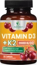 Witamina D 2000 j. m. 50 µg na tabletkę - witaminy D3 i K2 (MK7) Kompleksowy suplement dla kości, zębów, mięśni, wchłaniania wapnia, Wspiera zdrowie immunologiczne i serca, Formuła do żucia USA butelkowana - 60 tabletek