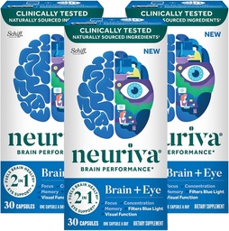 NEURIVA Brain + Eye Supplement for Memory, Focus & Concentration with Clinically Tested Lutein and Zeaksantyna, Vitamin A C & E + Cynk for Eye Health & Filter Blue Light 30 Count Capsules (3 Pack)