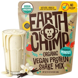 EarthChimp Organic Vegan Protein Powder - z probiotyki - Non GMO, Dairy Free, Non Whey, Plant Based Protein Powder for Women and Men, Gluten Free - 52 Servings 64 Oz (Vanilla) No Scoop