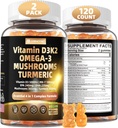 Witamina D3 5000iu (125mcg) + Witamina K2 (MK7) Gummeje z Algae Omega 3 Bilans 124; Maksymalna moc Witamina D3 + K2 Bilans 124; dla kości, zębów, energii, immunologicznego, Wchłanianie wapnia - Wegan, Bez cukru, 120Ct