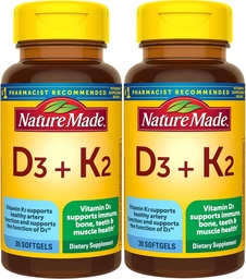 Nature Made Witamina D3 K2, 5000 j.m. (125 μg) Witamina D, Suplement diety dla kości, zębów, mięśni i immunologicznego wsparcia zdrowia, 30 Softgels, 30 Day Supply - Opakowanie 2