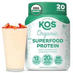 KOS Vegan Protein Powder, Unflavored & Unsweetened - Niskie mieszanka białka Pea Carb, Organic Superfood bogaty w witaminy i minerały - Keto, Soy, Dairy Free - Meal Replacement for Women & Men - 20 Służenie