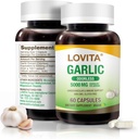 Kapsułki czosnkowe Lovita Odorless, ekwiwalent 500 mg świeżego czosnku, 1,25% ekstrakt z allicyny, Podtrzymuje serce, ciśnienie krwi, Cholesterol i system immunologiczny, Non-GMO, Gluten- Free, 60 Kapsułki wegańskie