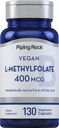 Piping Rock L MethylFolate Supplement | 400 mcg | 130 Capsules | Vegetarian, Vegan | Non-GMO, Gluten Free
