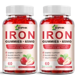Żelazo Suplement Gummies dla kobiet, mężczyzn i dzieci, 65mg Żelazo i 250 mg Witamina C na Podawanie - Zdrowa krew, Energia i Immune Wsparcie Żelazo Witamina Gummy z folianem, 2 Pack