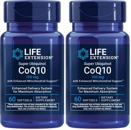 Life Extension Super Ubiquinol CoQ10 z ulepszonym Mitochondrial Support, Pothent Heart Health & Cellular Energy Production Support, Ultra- absorbable, Gluten- Free, Non-GMO, 100 mg, 60 softgels (Opakowanie 2)