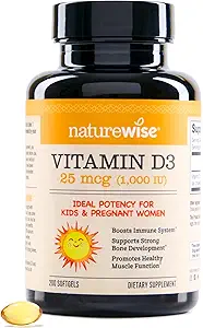 NatureWise Witamina D3 1000iu (25 μg) 200- Day Supply for Immune Support, Healthy Muscle Function, and Bone Health - Non-GMO, Gluten Free in Organic Extra Virgin Olive Oil, (Mini Softgel), 200 Count