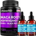 4- in-1 Liquid Biotin Colagen Keratin Saw Palmetto Drops (2 fl oz - 2 Pack) & 6- in-1 Maca Root Ashwagandha w Czarny owoc pieprzu (120ct) Bundle - włosy, skóra, paznokcie, suplement do wsparcia energii i nastrojów