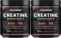 NatureBell 2 Opakowanie Kreatywny jednowodny proszek 500g, 5,000mg na Podawanie 124; Mikronizowane, Czyste i Nieflawowane 124; Wstępne ćwiczenia wsparcia mięśni 124; Keto, Wegan, Filler- Free 124; 200 Sługi (2.2 lb)