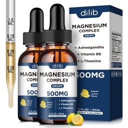 (2 opakowania) Magnezu Glycinate, Cytrate, Malate Liquid Drops- Triple Magnezu Complex Supplement 500mg z Ashwagandha, L- Theanine, Witamina B6- Support Calm, Stress Relief, Sen, Muscle- Lemon Flavor