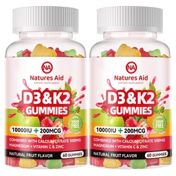 Natury Pomoc Bez cukrów Witamina D3 K2 Gummie z wapniem + K2 (MK- 7), Cytrynian magnezu, Witamina C, Dodatkowa siła - Ostateczna Absorpcja dla Zębów mięśniowych kości immunologiczne, Wegan - 120 Gummie