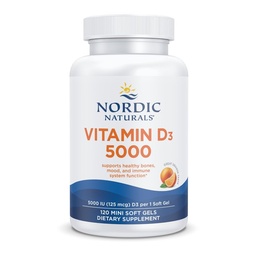 Nordic Naturals Witamina D3 5000, Pomarańczowy - 120 Mini żele miękkie - 5000 IU Witamina D3 - Wspiera zdrowe kości, nastroje i funkcje układu immunologicznego - Non-GMO - 120 Służenie