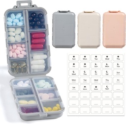 LandNEOO 14 Grids Pill Organizer Box z etykietami, Travel Mexication Holder Dispenser Case Kit, Pocket Daily Pharmacy Container for Fish Oil Supplement Supplement Storage, Khaki Pink Grey, 3 Pack